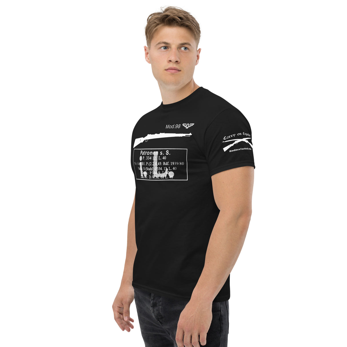 Mauser K98k Karabiner 98 kurz cotton T-shirt with receiver stamps and ammo pack labels - light font