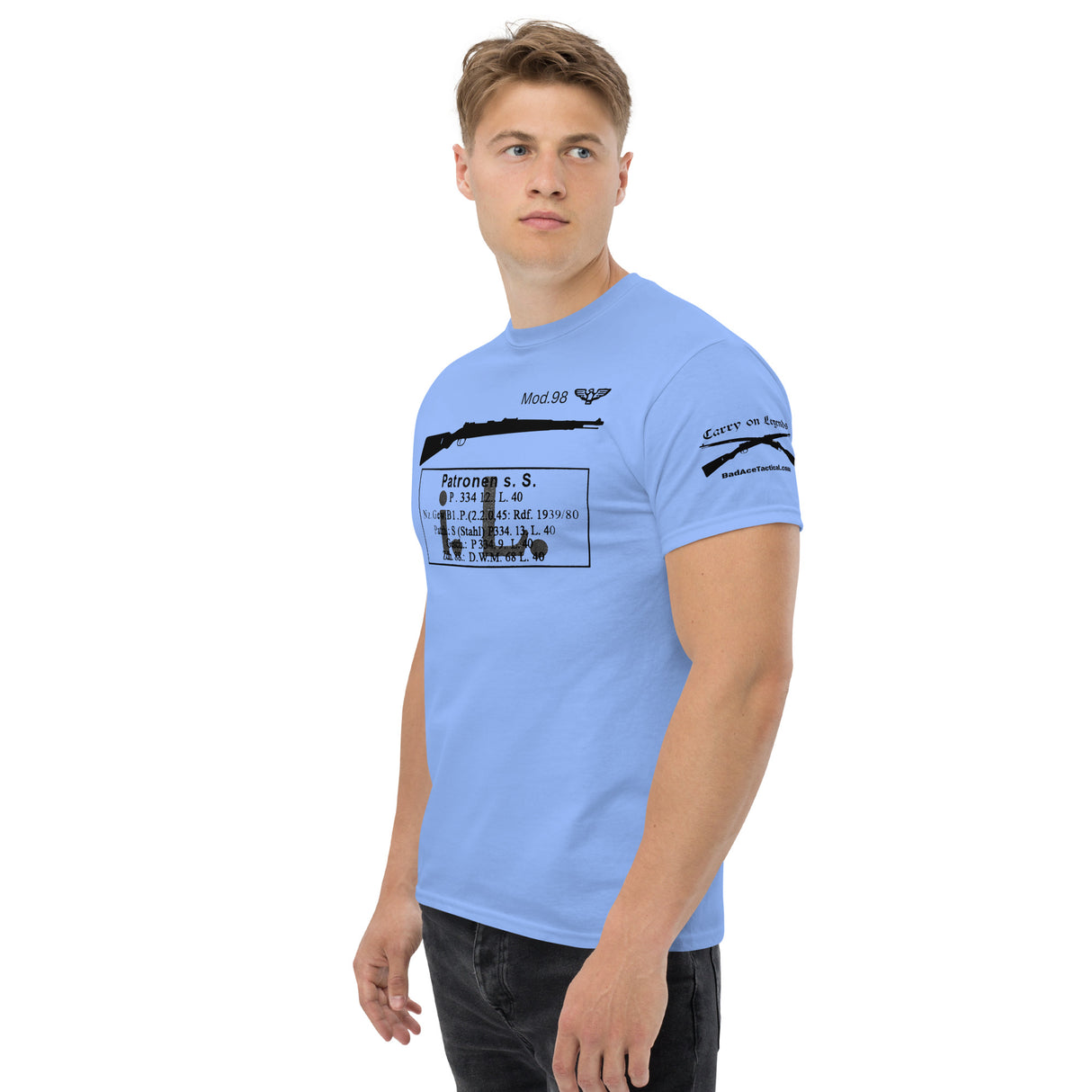 Mauser K98k Karabiner 98 kurz cotton T-shirt with receiver stamps and ammo pack labels - dark font