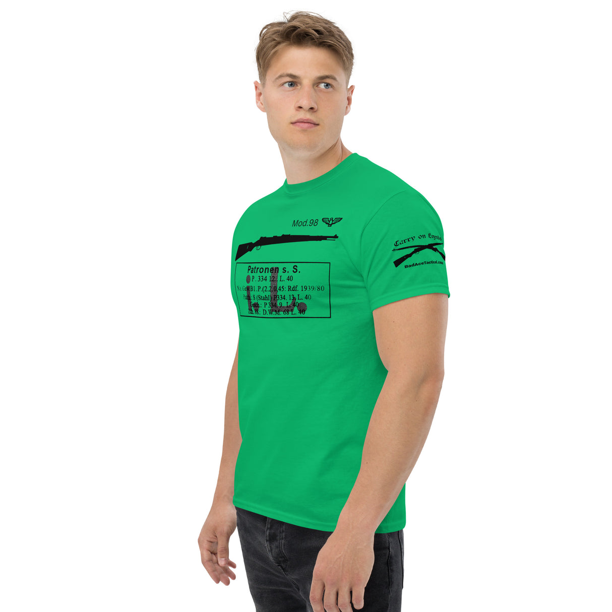 Mauser K98k Karabiner 98 kurz cotton T-shirt with receiver stamps and ammo pack labels - dark font
