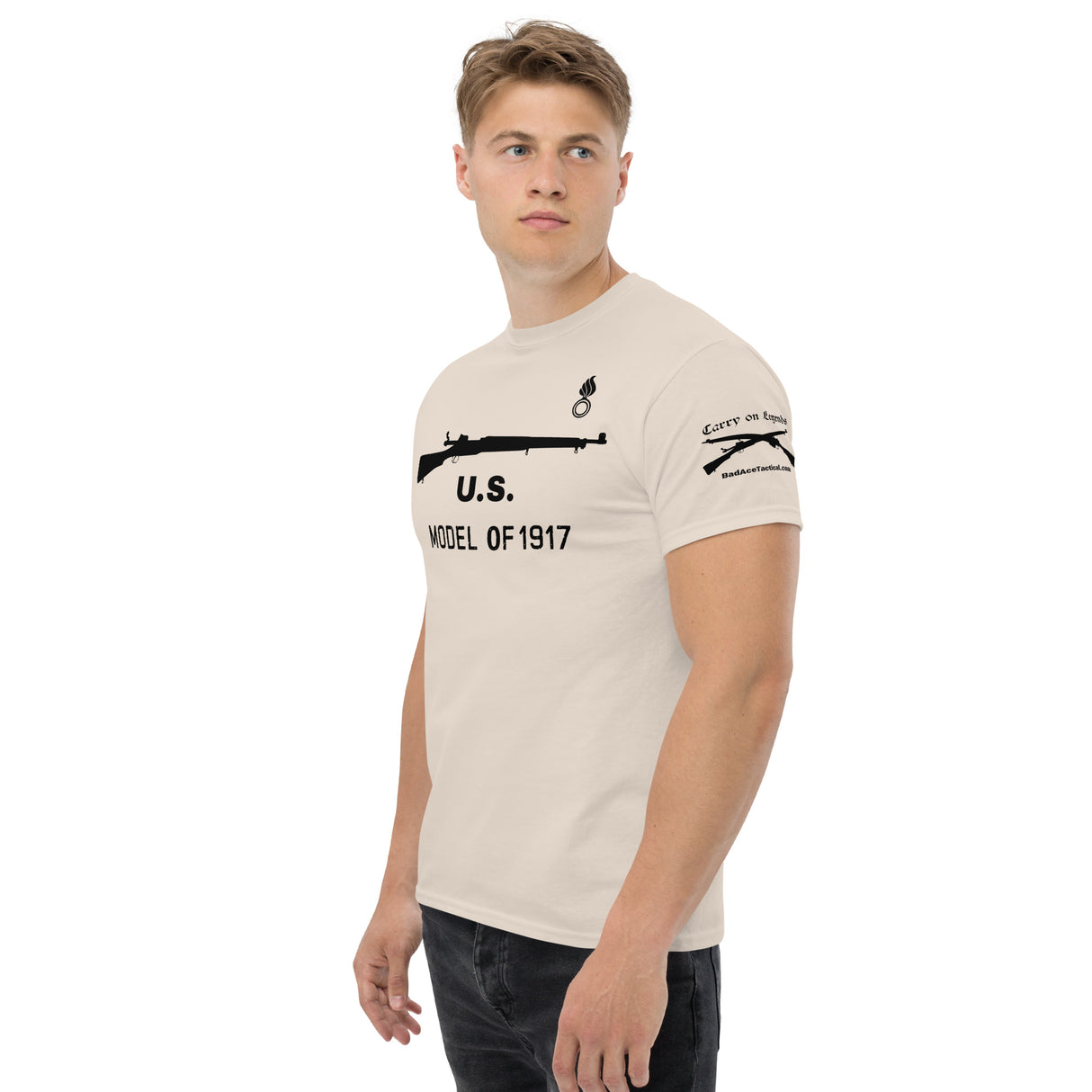 U.S. Model 1917 cotton T-shirt with shell and flame ordnance stamp dark font
