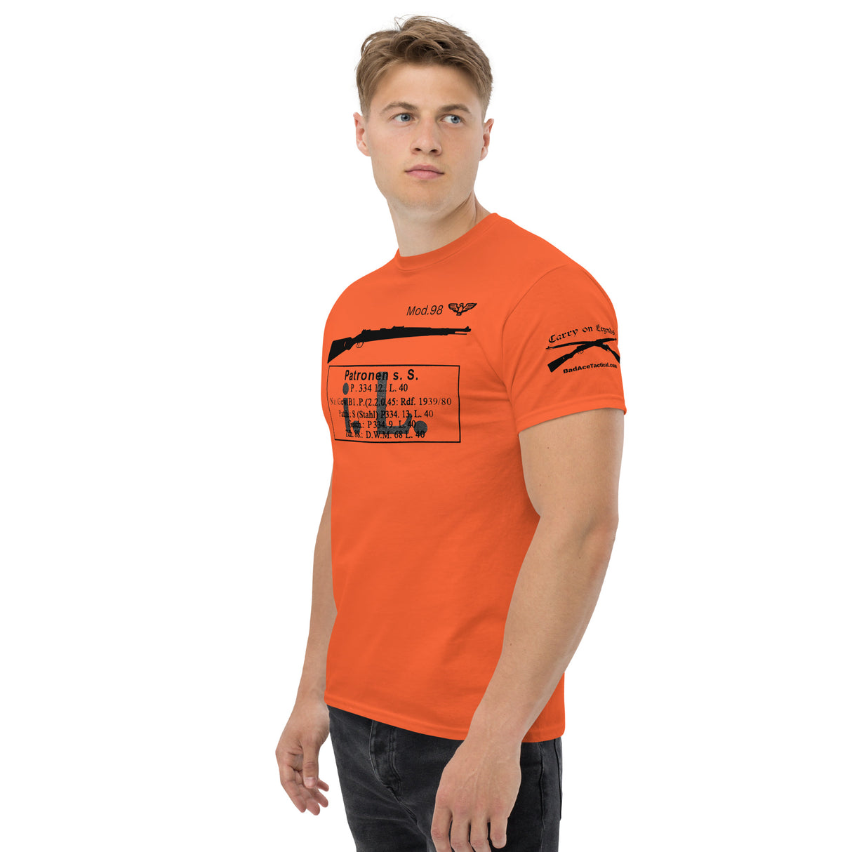 Mauser K98k Karabiner 98 kurz cotton T-shirt with receiver stamps and ammo pack labels - dark font