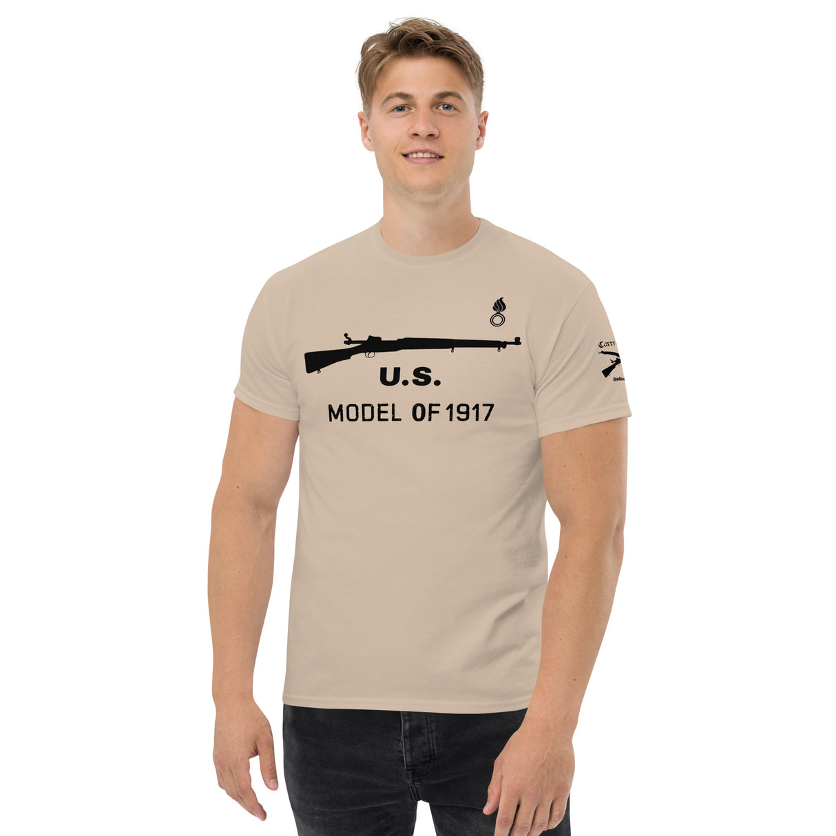 U.S. Model 1917 cotton T-shirt with shell and flame ordnance stamp dark font