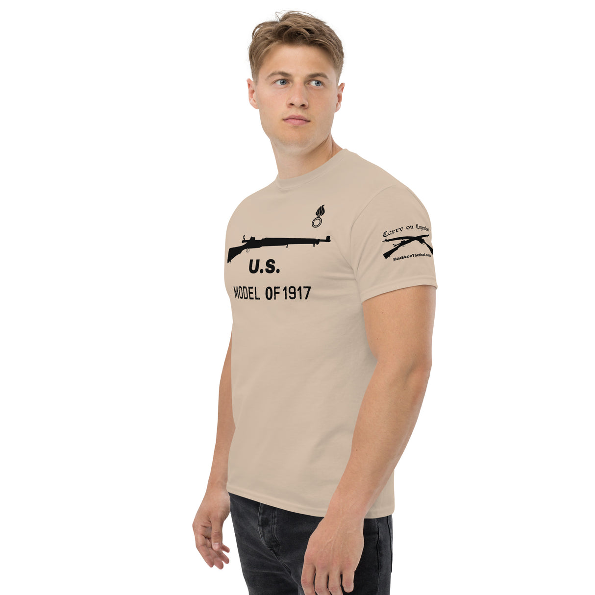 U.S. Model 1917 cotton T-shirt with shell and flame ordnance stamp dark font