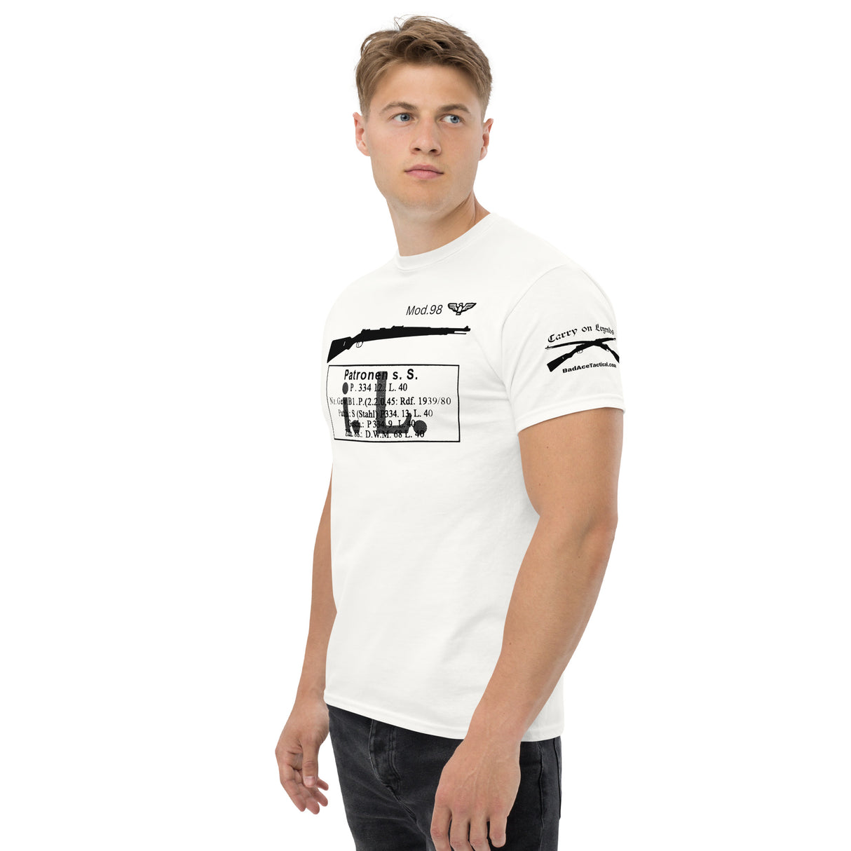 Mauser K98k Karabiner 98 kurz cotton T-shirt with receiver stamps and ammo pack labels - dark font